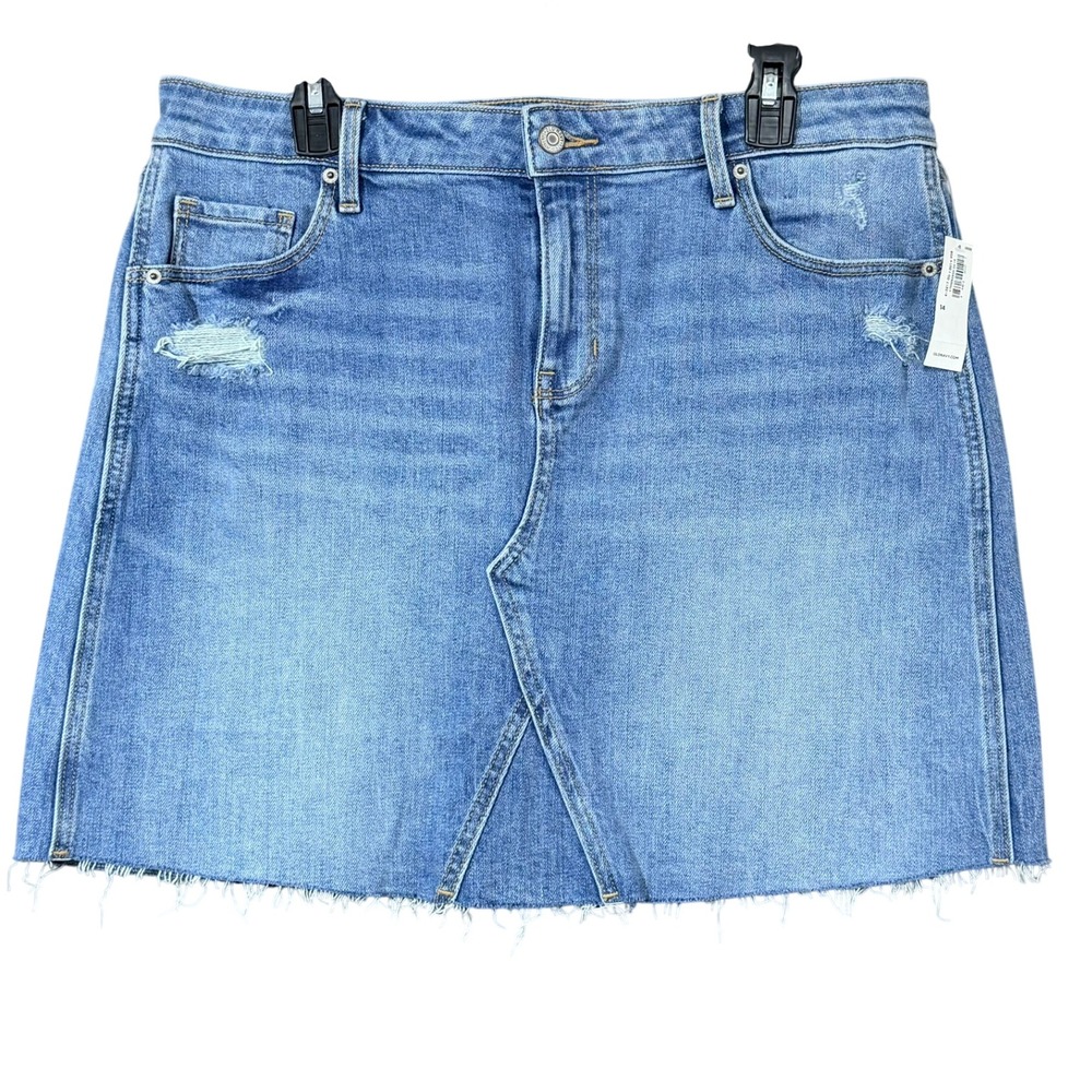 Old Navy Women Denim Mini Skirt Size 14 Distressed Raw Hem Light Wash Blue Y2K